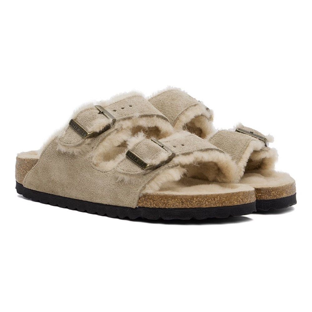 Birkenstock Beige Suede Shearling Two-Strap Sandals